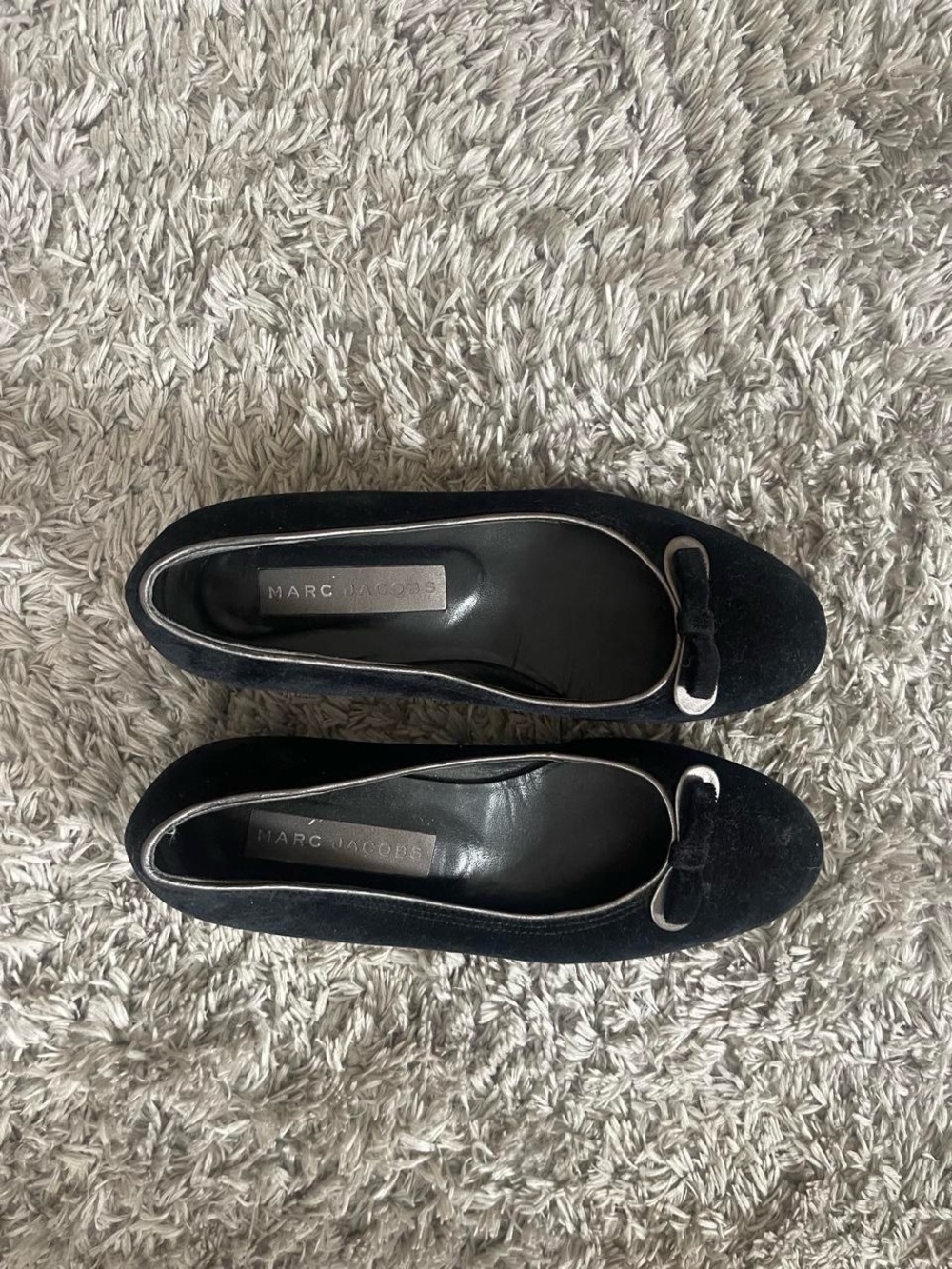 Marc Jacobs Black Velvet Ballet Flats with Silver Trim and Bow
